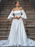 A-Linie/Princess-Linie Charmeuse Rüschen Schulterfrei 3/4 Ärmel Sweep/Pinsel Schleppe Brautkleider Brautkleider