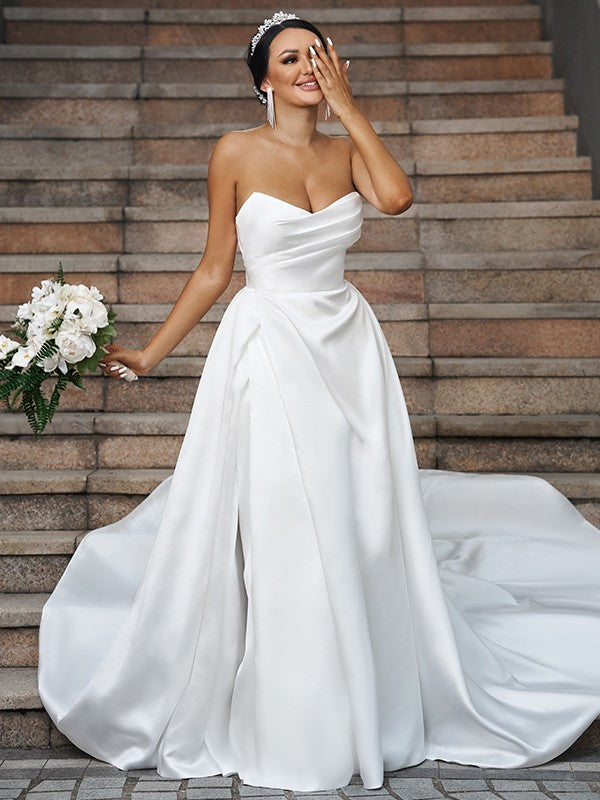 A-Line/Princess Satin Ruffles Sweetheart Sleeveless Chapel Train Wedding Dresses Bridal Gowns