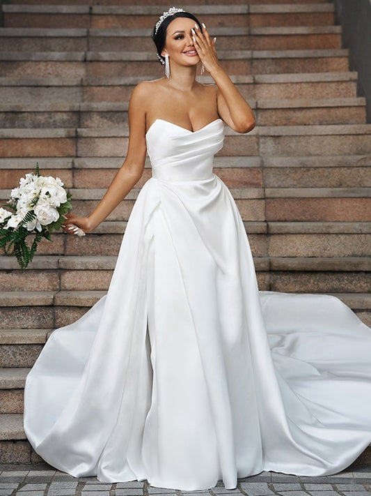 A-Line/Princess Satin Ruffles Sweetheart Sleeveless Chapel Train Wedding Dresses Bridal Gowns