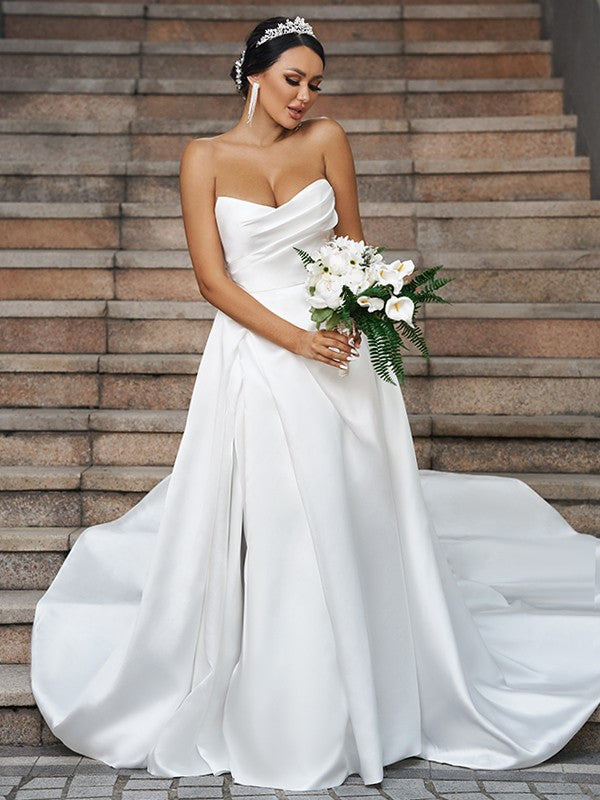 A-Line/Princess Satin Ruffles Sweetheart Sleeveless Chapel Train Wedding Dresses Bridal Gowns