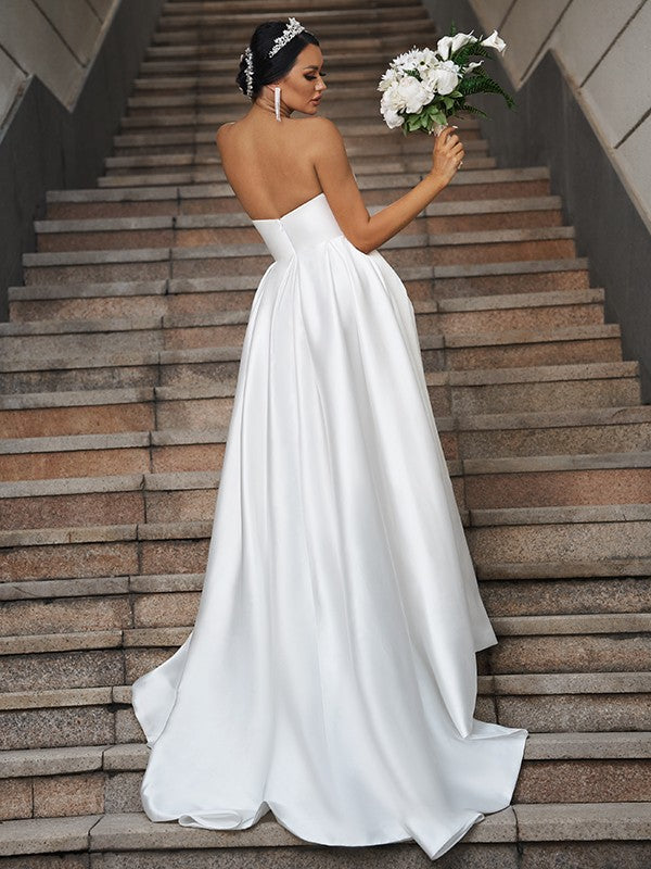 A-Line/Princess Satin Ruffles Sweetheart Sleeveless Chapel Train Wedding Dresses Bridal Gowns