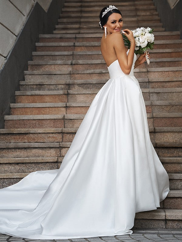 A-Line/Princess Satin Ruffles Sweetheart Sleeveless Chapel Train Wedding Dresses Bridal Gowns