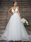A-Line/Princess Tulle Ruffles V-neck Sleeveless Sweep/Brush Train Wedding Dresses Bridal Gowns