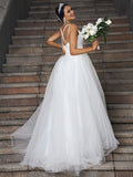 A-Line/Princess Tulle Ruffles V-neck Sleeveless Sweep/Brush Train Wedding Dresses Bridal Gowns