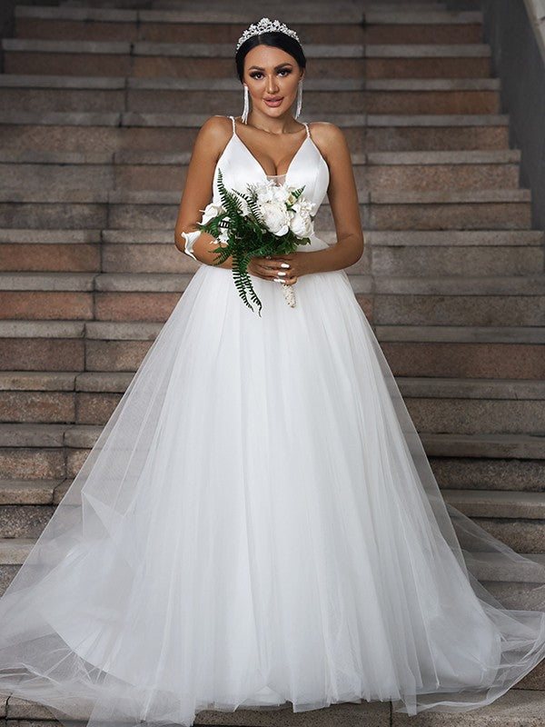 A-Line/Princess Tulle Ruffles V-neck Sleeveless Sweep/Brush Train Wedding Dresses Bridal Gowns