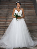 A-Line/Princess Tulle Ruffles V-neck Sleeveless Sweep/Brush Train Wedding Dresses Bridal Gowns