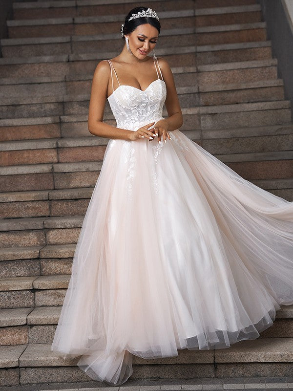 A-Linie/Princess-Linie Tüll Applikationen Herzausschnitt Ärmellos Sweep/Pinsel zug Brautkleider