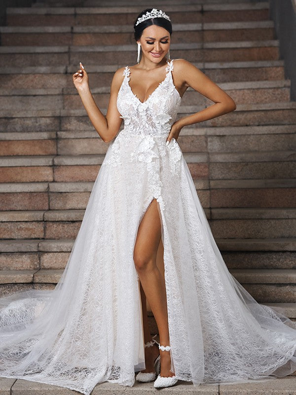 Vestidos de novia de corte A/princesa con apliques de encaje, escote en V, sin mangas, cola larga