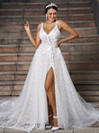 Vestidos de novia de corte A/princesa con apliques de encaje, escote en V, sin mangas, cola larga