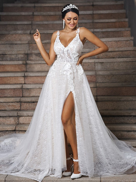 Vestidos de novia de corte A/princesa con apliques de encaje, escote en V, sin mangas, cola larga