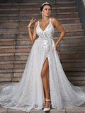 Vestidos de novia de corte A/princesa con apliques de encaje, escote en V, sin mangas, cola larga