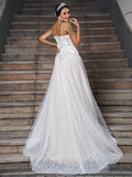 Vestidos de novia de corte A/princesa con apliques de encaje, escote en V, sin mangas, cola larga