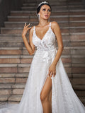 Vestidos de novia de corte A/princesa con apliques de encaje, escote en V, sin mangas, cola larga