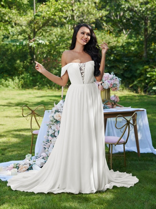A-Linie/Princess-Linie Chiffon Rüschen Off-the-Shoulder Ärmellos Sweep/Pinsel zug Brautkleider