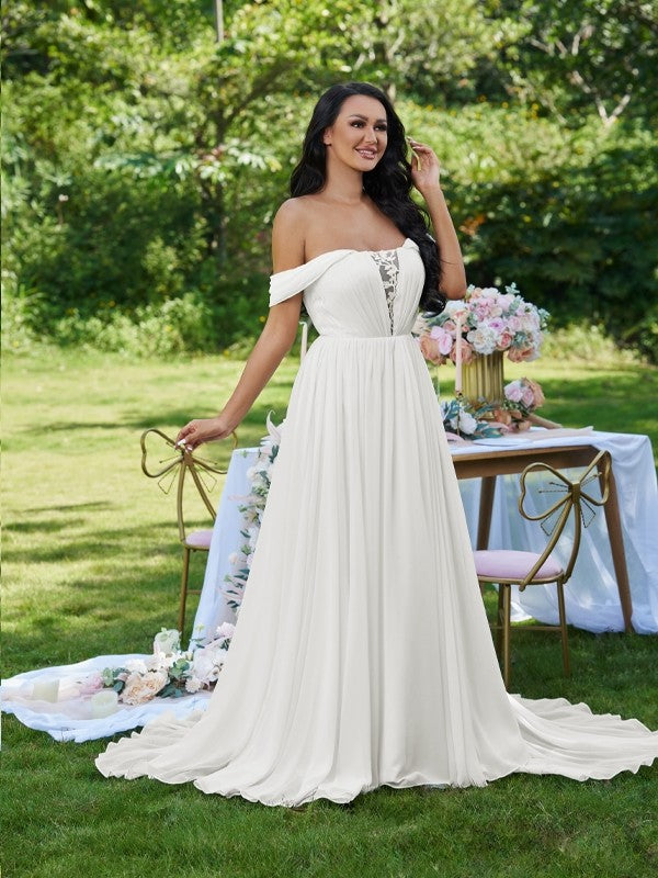 A-Linie/Princess-Linie Chiffon Rüschen Off-the-Shoulder Ärmellos Sweep/Pinsel zug Brautkleider