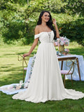 A-Linie/Princess-Linie Chiffon Rüschen Off-the-Shoulder Ärmellos Sweep/Pinsel zug Brautkleider