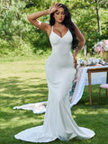 Vestidos de novia de corte tubo/columna, crepé elástico, volantes, escote en V, sin mangas, cola larga