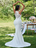 Vestidos de novia de corte tubo/columna, crepé elástico, volantes, escote en V, sin mangas, cola larga