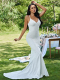 Vestidos de novia de corte tubo/columna, crepé elástico, volantes, escote en V, sin mangas, cola larga