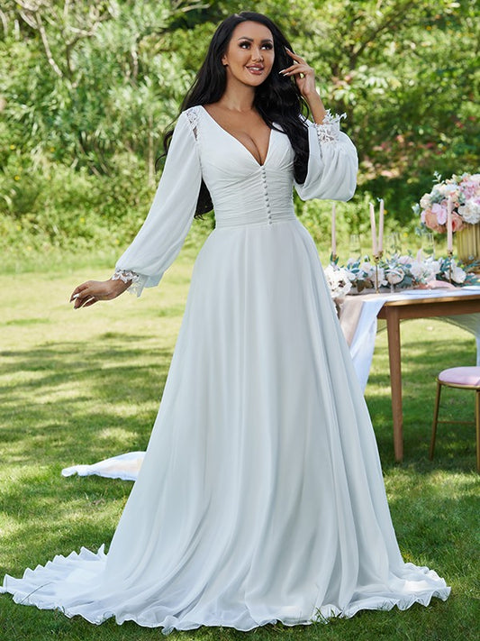 A-Linie/Princess-Linie Chiffon Rüschen V-Ausschnitt Lange Ärmel Sweep/Pinsel zug Brautkleider