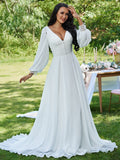 A-Linie/Princess-Linie Chiffon Rüschen V-Ausschnitt Lange Ärmel Sweep/Pinsel zug Brautkleider