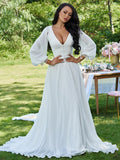 A-Linie/Princess-Linie Chiffon Rüschen V-Ausschnitt Lange Ärmel Sweep/Pinsel zug Brautkleider