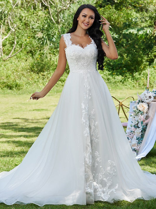 A-Linie/Princess-Linie Spitze Applikationen Herzausschnitt Ärmellos Sweep/Pinsel zug Brautkleider