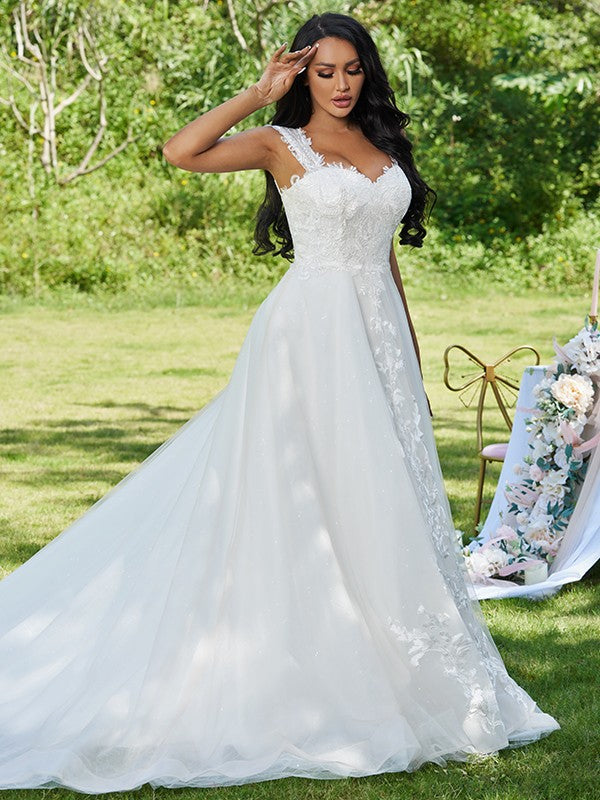 A-Linie/Princess-Linie Spitze Applikationen Herzausschnitt Ärmellos Sweep/Pinsel zug Brautkleider