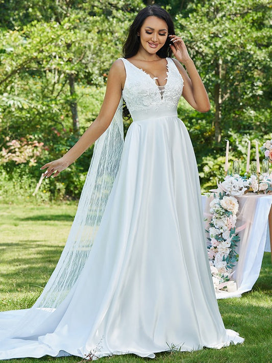 A-Linie/Princess-Linie Satin Applikationen V-Ausschnitt Ärmellos Sweep/Pinsel zug Brautkleider
