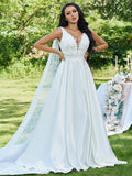 A-Linie/Princess-Linie Satin Applikationen V-Ausschnitt Ärmellos Sweep/Pinsel zug Brautkleider