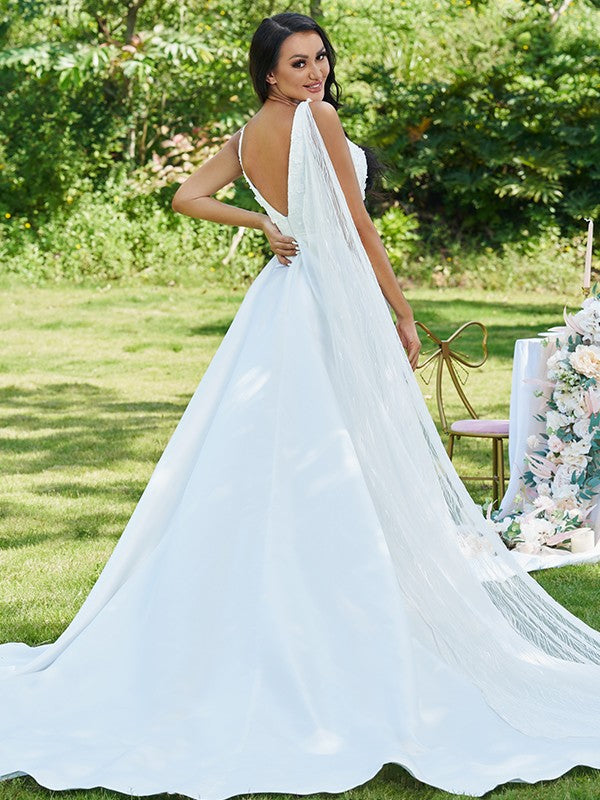 A-Linie/Princess-Linie Satin Applikationen V-Ausschnitt Ärmellos Sweep/Pinsel zug Brautkleider