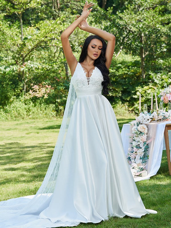A-Linie/Princess-Linie Satin Applikationen V-Ausschnitt Ärmellos Sweep/Pinsel zug Brautkleider