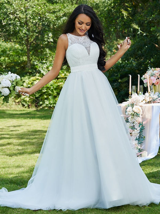 A-Linie/Princess-Linie Tüll Spitze U-Ausschnitt Ärmellos Sweep/Pinsel zug Brautkleider