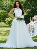 A-Linie/Princess-Linie Tüll Spitze U-Ausschnitt Ärmellos Sweep/Pinsel zug Brautkleider