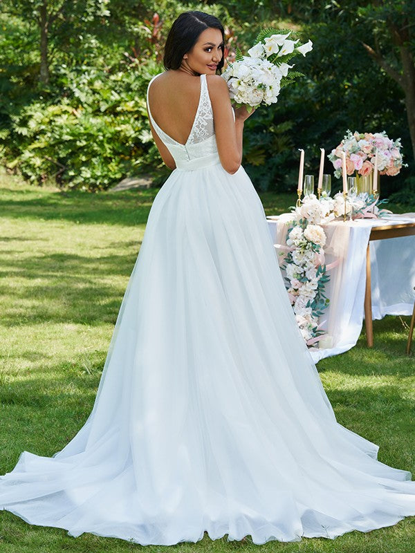 A-Linie/Princess-Linie Tüll Spitze U-Ausschnitt Ärmellos Sweep/Pinsel zug Brautkleider