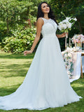 A-Linie/Princess-Linie Tüll Spitze U-Ausschnitt Ärmellos Sweep/Pinsel zug Brautkleider