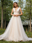 A-Linie/Princess-Linie Tüll Rüschen V-Ausschnitt Ärmellos Sweep/Pinsel zug Brautkleider