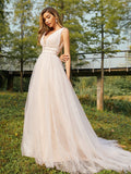 A-Linie/Princess-Linie Tüll Rüschen V-Ausschnitt Ärmellos Sweep/Pinsel zug Brautkleider
