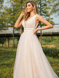 A-Linie/Princess-Linie Tüll Rüschen V-Ausschnitt Ärmellos Sweep/Pinsel zug Brautkleider