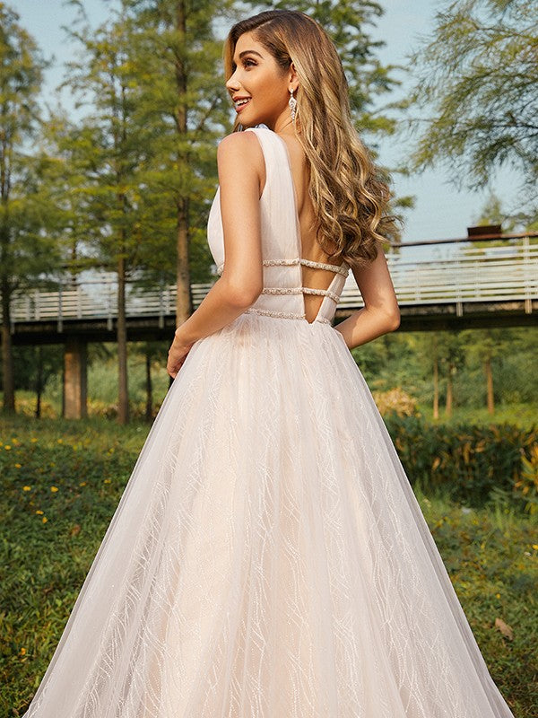 A-Linie/Princess-Linie Tüll Rüschen V-Ausschnitt Ärmellos Sweep/Pinsel zug Brautkleider
