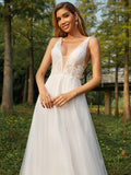 A-Linie/Princess-Linie Tüll Applikationen V-Ausschnitt Ärmellos Sweep/Pinsel zug Brautkleider
