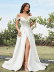A-Line/Princess Satin Ruched Off-the-Shoulder Sleeveless Sweep/Brush Train Wedding Dresses Bridal Gowns