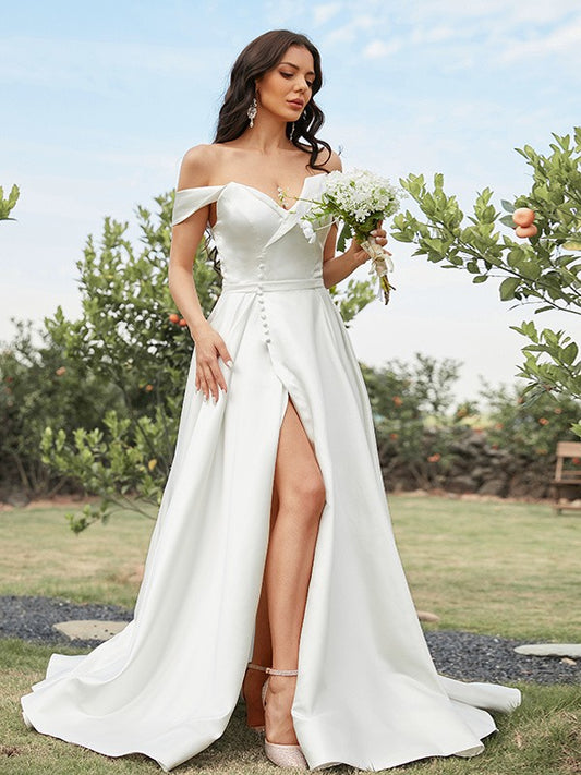 A-Line/Princess Satin Ruched Off-the-Shoulder Sleeveless Sweep/Brush Train Wedding Dresses Bridal Gowns