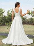 A-Line/Princess Satin Ruched Off-the-Shoulder Sleeveless Sweep/Brush Train Wedding Dresses Bridal Gowns