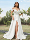 A-Line/Princess Satin Ruched Off-the-Shoulder Sleeveless Sweep/Brush Train Wedding Dresses Bridal Gowns