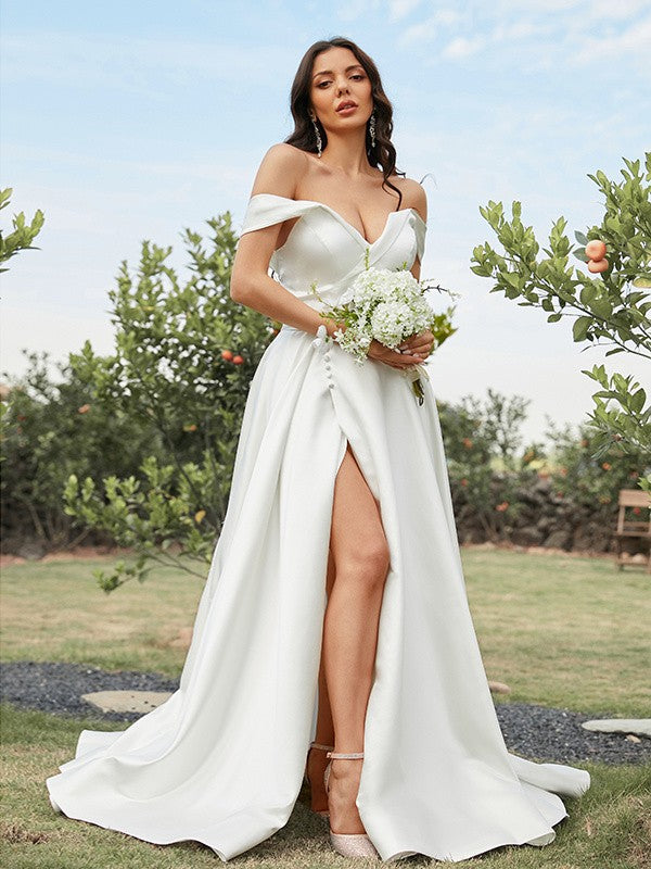 A-Line/Princess Satin Ruched Off-the-Shoulder Sleeveless Sweep/Brush Train Wedding Dresses Bridal Gowns