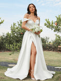 A-Line/Princess Satin Ruched Off-the-Shoulder Sleeveless Sweep/Brush Train Wedding Dresses Bridal Gowns
