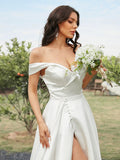 A-Line/Princess Satin Ruched Off-the-Shoulder Sleeveless Sweep/Brush Train Wedding Dresses Bridal Gowns