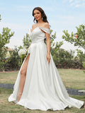 A-Line/Princess Satin Ruched Off-the-Shoulder Sleeveless Sweep/Brush Train Wedding Dresses Bridal Gowns