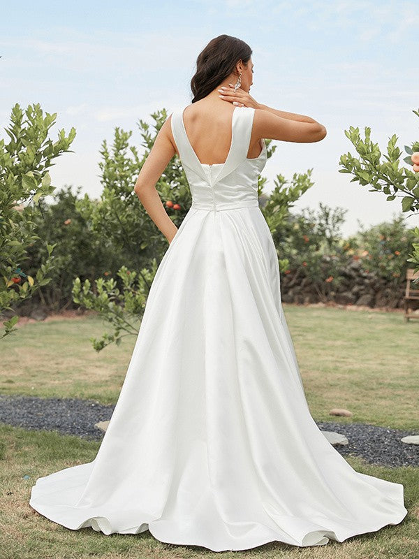 A-Line/Princess Satin Ruched Off-the-Shoulder Sleeveless Sweep/Brush Train Wedding Dresses Bridal Gowns